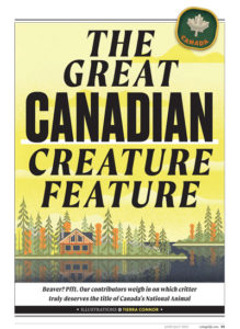 An illustration of a cabin on a lake with the article headline, The Great Canadian Creature Feature