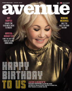 Avenue Calgary magazine cover with a photo of singer Jann Arden