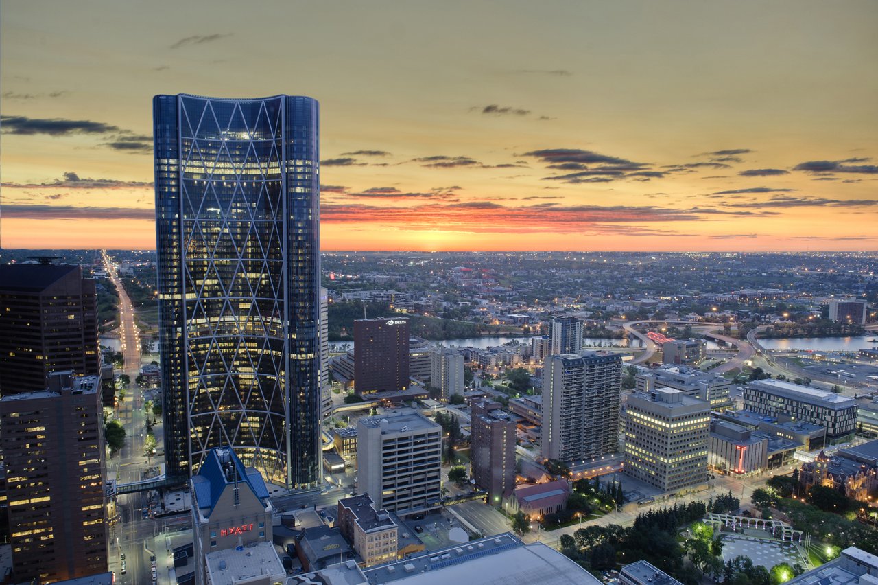 A view of the Bow tower and Calgary skyline looking north east at dawn.